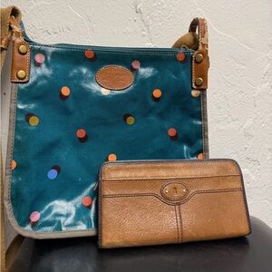 Authentic Fossil- Set with Cowhide Leather Wallet and Polkadot Bag